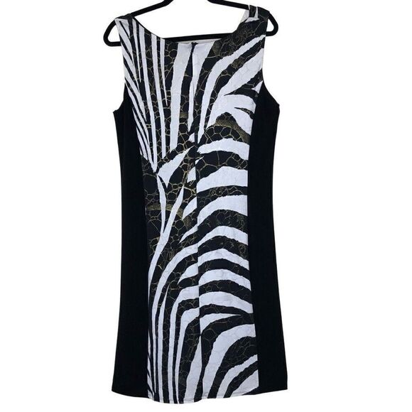Frank Lyman Design Black & White Zebra Paneled Sleeveless Sheath Dress Size 14 - Picture 2 of 10